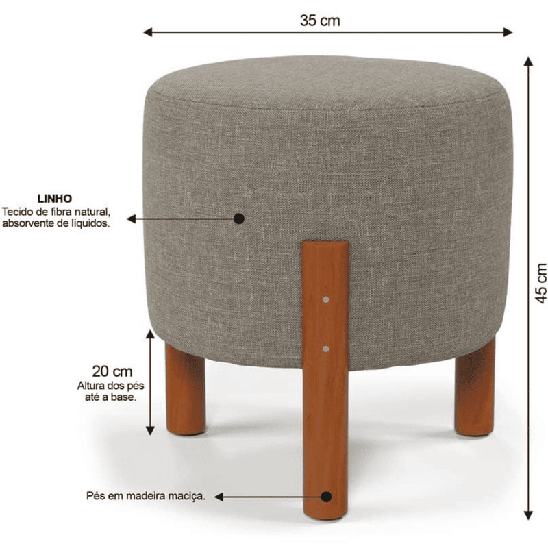 Kit 2 Puff Banqueta Linho Quarto Sala Pés De Madeira
