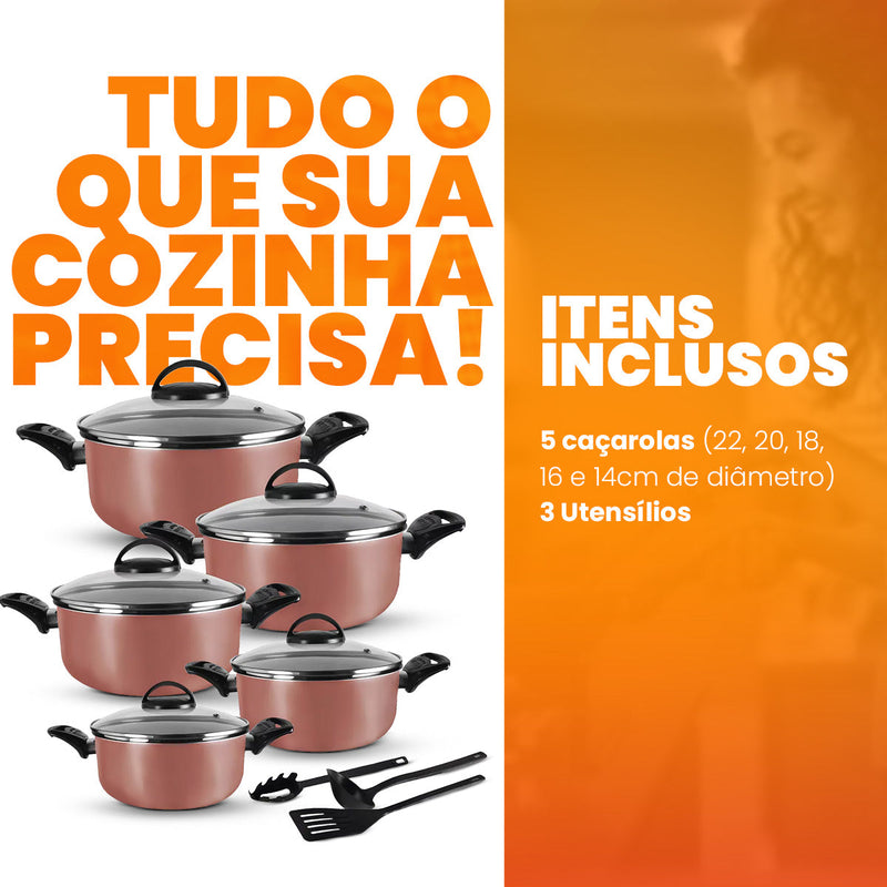 Jogo De Panelas 5 Peças Antiaderentes  - Rosé