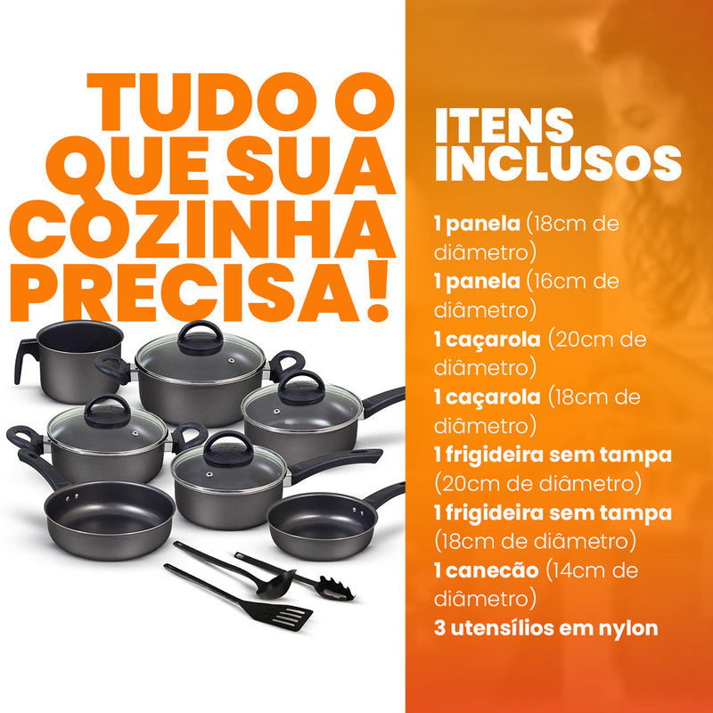 Jogo de Panelas Antiaderente 10 Peças - Preto