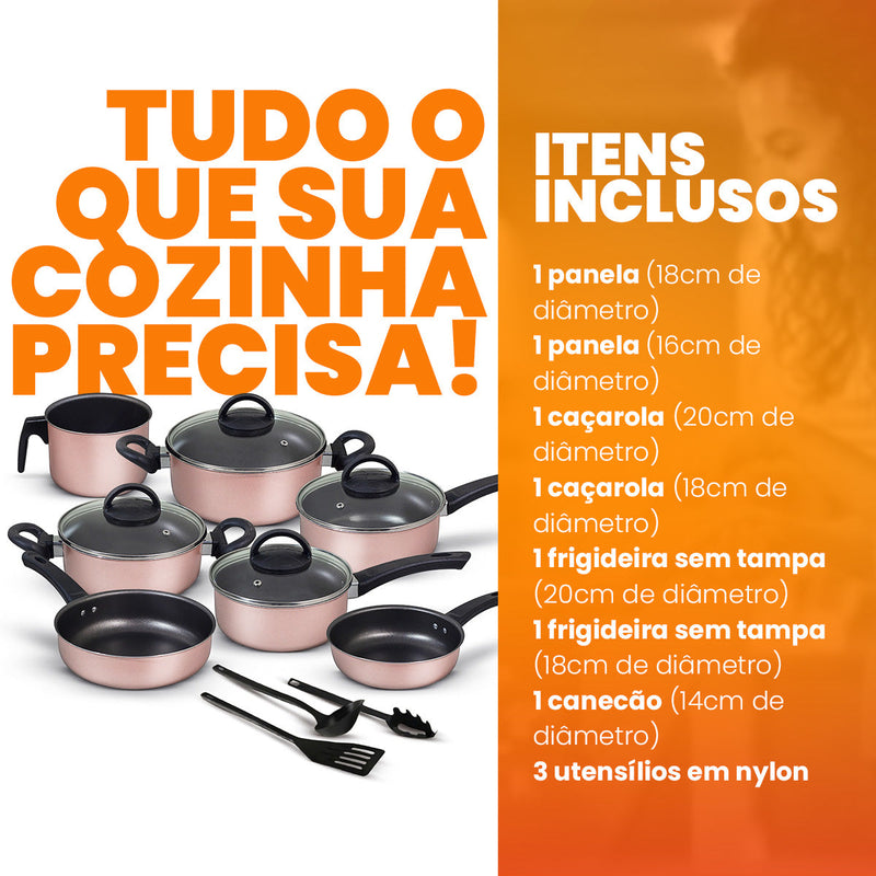 Jogo de Panelas Antiaderente 10 Peças - Rosé