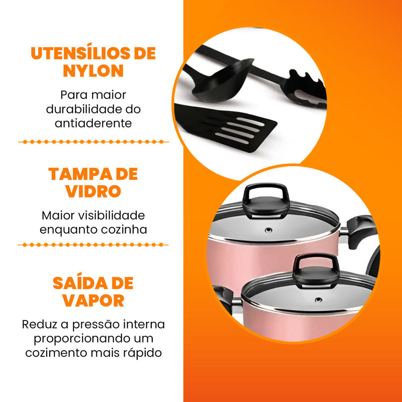 Jogo de Panelas Antiaderente 9 Peças - Rosé