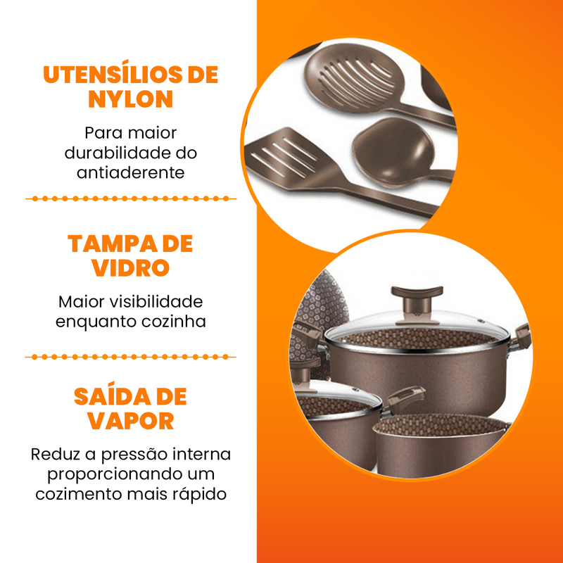 Conjunto Panelas Antiaderente 10 Peças Prime Alumínio - Marrom Escuro