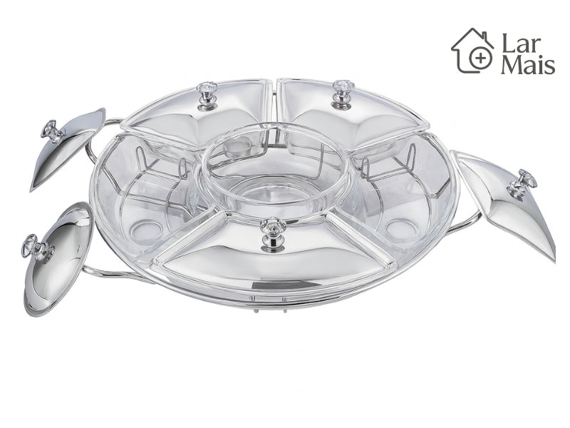 Rechaud Giratório Com 6 Compartimentos Aço Inox e Vidro 52cm