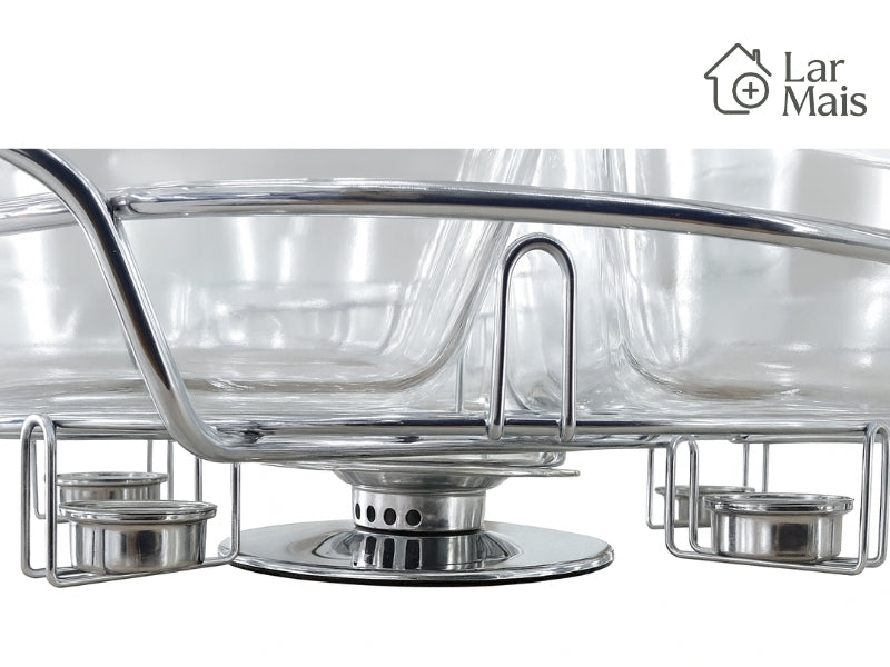 Rechaud Giratório Com 6 Compartimentos Aço Inox e Vidro 52cm