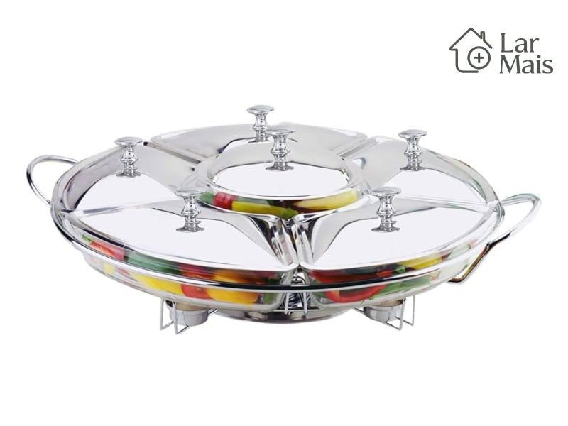 Rechaud Giratório Com 6 Compartimentos Aço Inox e Vidro 52cm