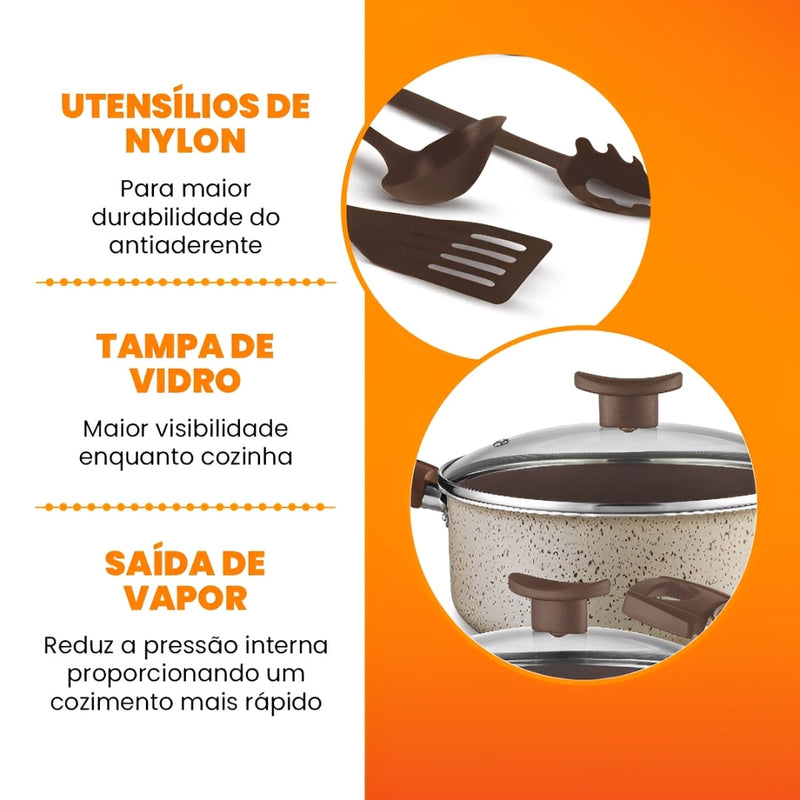 Jogo de Panelas Antiaderente 10 Peças - Linha Coffee - Cappuccino