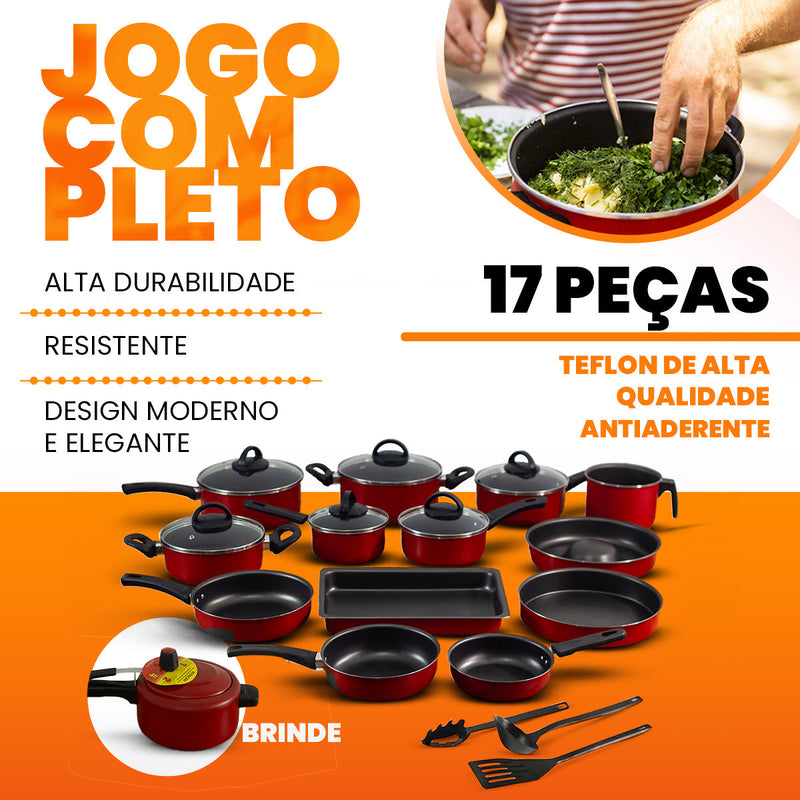 Conjunto De Panelas Antiaderente 17 Peças  - Vermelho