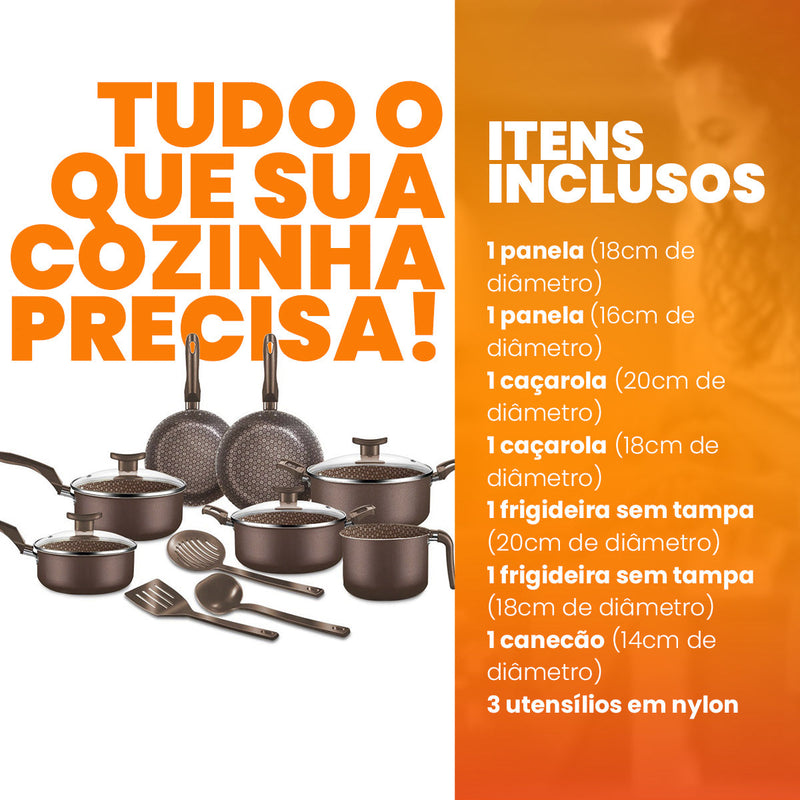Conjunto Panelas Antiaderente 10 Peças Prime Alumínio - Marrom Escuro