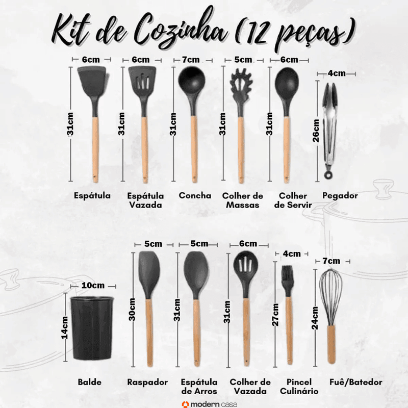 Conjunto de Utensílios em Silicone 12 Peças
