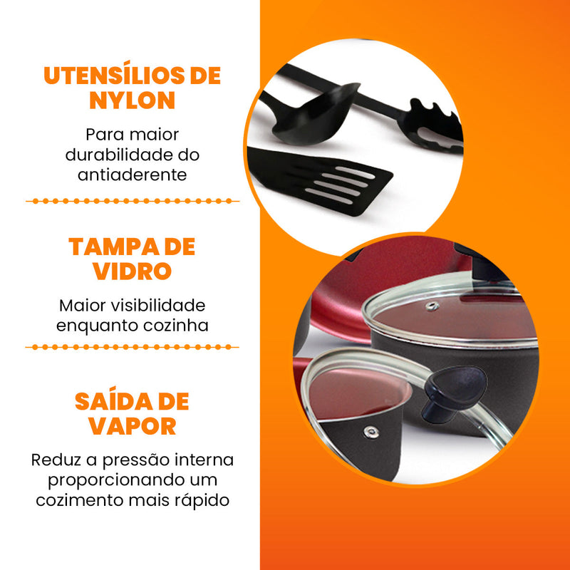 Jogo de Panelas Antiaderente 9 Peças - Preto com Cereja
